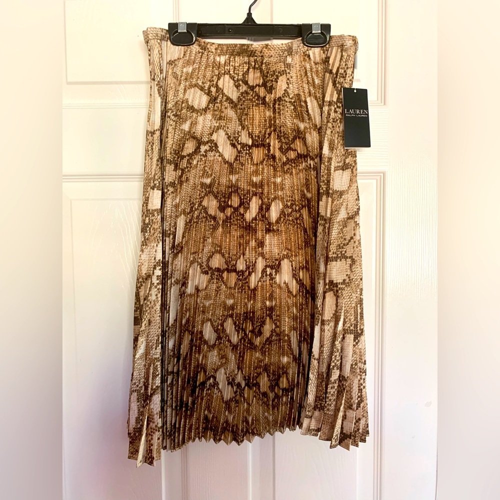 FINAL PRICE NWT Ralph Lauren Skirt: Brown Snake Print, Pleated Knee-Length Zip 8 - Picture 2 of 10